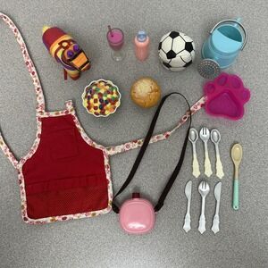 OG 18" Doll Food & Fun Lot, Rare Pinata, Apron, Utensils, Drinks, Cupcake +++